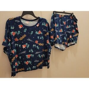 Old Navy Women's Christmas Pajama Set Navy Blue Santa‎ Reindeer XXL